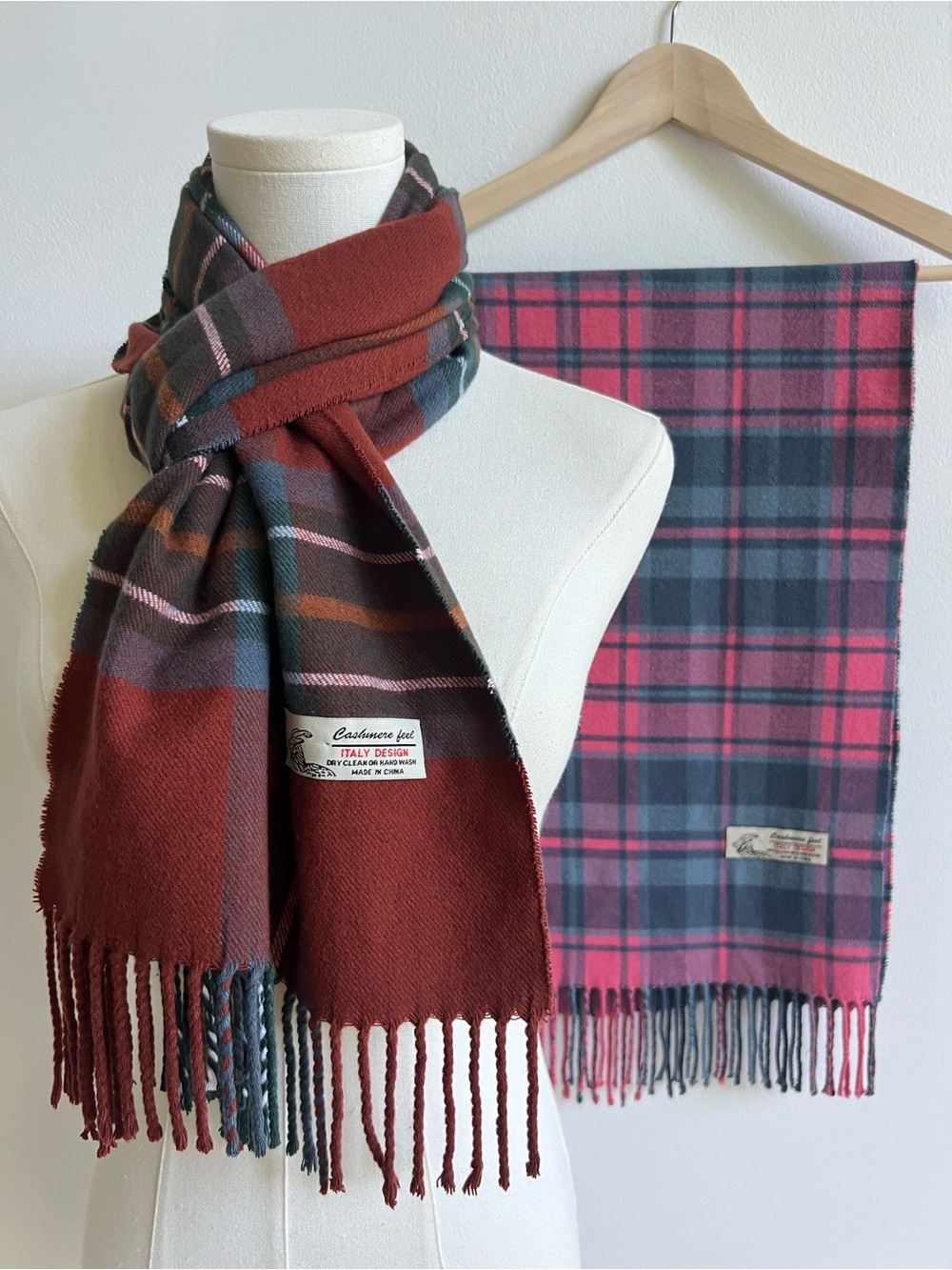 Lot of 2 Cashmere Feel Plaid Tartan Scarves Viscose Fringe Oversized Preppy